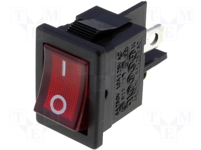 Превключвател RS1373CBR2N2 ROCKER; 2 позиции; DPST; ON-OFF; 6A/250VAC; 10A/12VDC; червен; 50m?